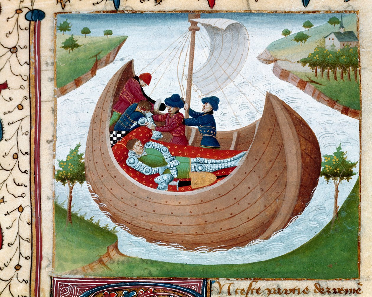 Hautajaiset merellä Miniatyyri otettu "Romaanisesta du Chevalier Tristanista", jonka on kirjoittanut Mainen mestari Charles 1440-1460. Chantilly, museo Conde - Pyöreän pöydän ritarin hautaus - Miniatyyri Roman du Chevalier Tristanista, Master Charles of Ma tekijältä Charles du Maine Master