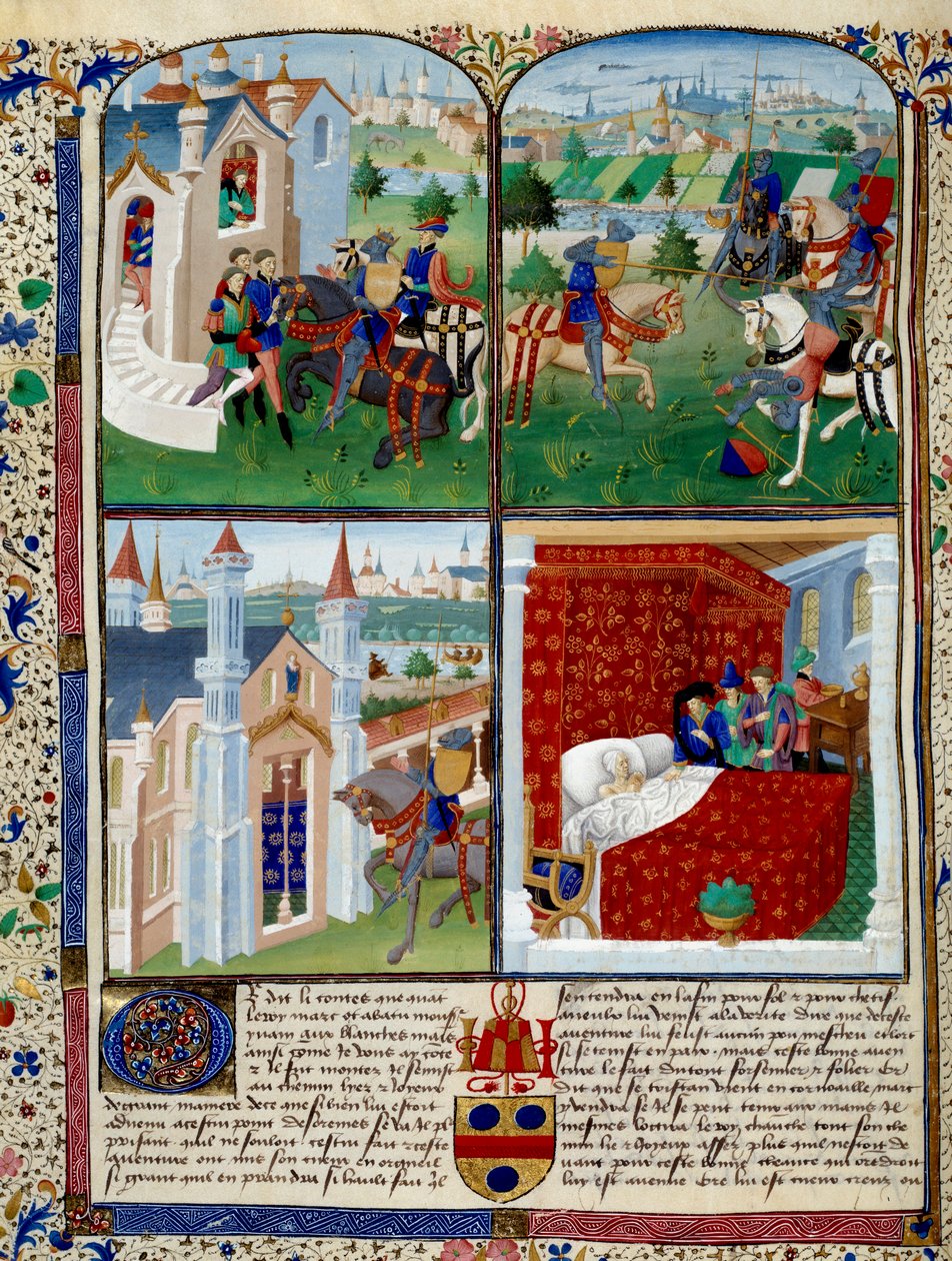 Kuva Tristanin romaanista: alku, turnaus ja kuolema. Pienoiskuva mestari Dit De Charles Du Mainesta (noin 1450 - 1460). Chantilly, Musee Conde tekijältä Charles du Maine Master