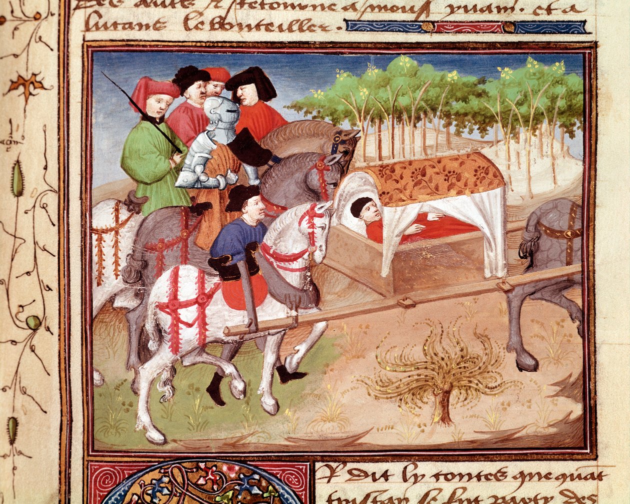 Tristanin Lucan-haavat Miniature otettu mestarin Charles de Mainen "romaanisesta du Chevalier Tristanista" (Beroul-versio) tekijältä Charles du Maine Master