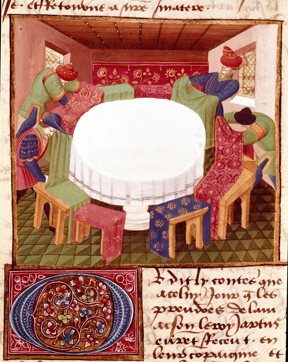 Pyöreän pöydän valmistelut miniatyyriritarien saapuessa, otettu mestarin Charles de Mainen "" Romanesque du Chevalier Tristan -kirjasta" (Beroul-versio). 1440-1460. Chantilly, Conde-museo tekijältä Charles du Maine Master