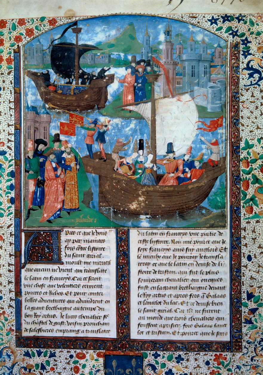 Tristan ja Iseult (Isolde tai Yseult) lähtevät Irlannista, Tristan juo rakkaussuodattimen. Syvällä sisimmässään heidän ruumiinsa tuodaan takaisin Irlantiin. Miniatyyri käsikirjoituksesta ms. 103 f.1 Tristanin romaani””, joka on katsottu Mainen mestari Char tekijältä Charles du Maine Master