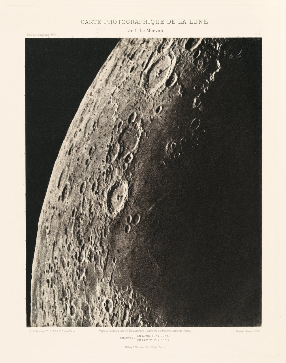 Carte photographique de la lune, planche I (Kuun valokuvakartta, levy I),23. helmikuuta 23. helmikuuta tekijältä Charles le Morvan