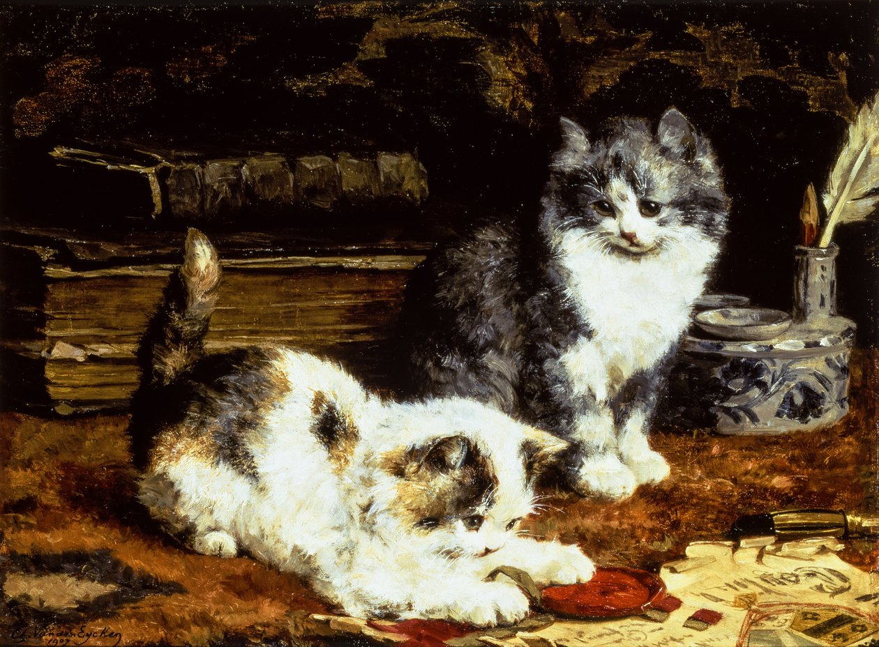 Kaksi kissanpentua leikkimässä pöydällä tekijältä Charles van den Eycken