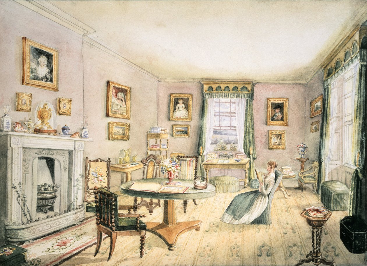 The Drawing Room, East Wood, Hay, f54 sisustusalbumista, 1843 tekijältä Charlotte Bosanquet