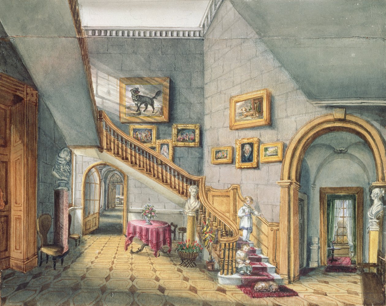 The Staircase, Strood Park, f26 albumista An Album of Interiors, 1843. tekijältä Charlotte Bosanquet