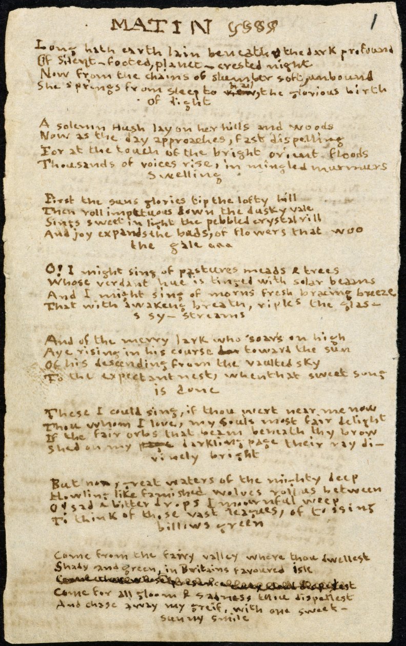 Charlotte Bronten runo. Matin" -runon omakätinen kopio, jossa on poistoja. 12. marraskuuta 1830, Haworth, co. York: 1830. Haworth, co. York. tekijältä Charlotte Bronte