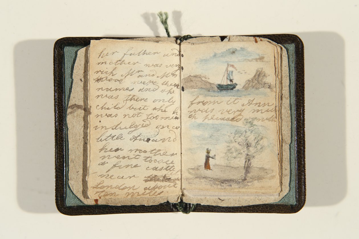 Tarinan alku "Oli kerran pieni tyttö ja hänen nimensä oli Ane, n. 1828 (kynä & muste ja akvarelli paperille) tekijältä Charlotte Bronte