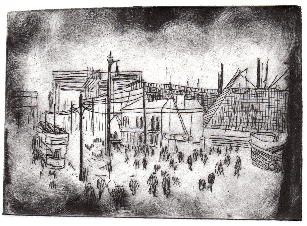 Belfast Docks, 2015 (kuivapisteetsaus ja digitaalinen) tekijältä Charlotte Orr