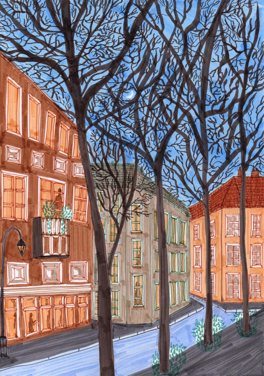 Friedrichshain at Night, 2017 (siveltimen kynät) tekijältä Charlotte Orr