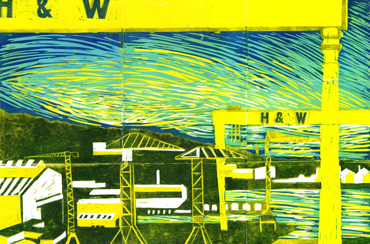 Harland & Wolff Cranes, Belfast, 2022 (linoprintti) tekijältä Charlotte Orr