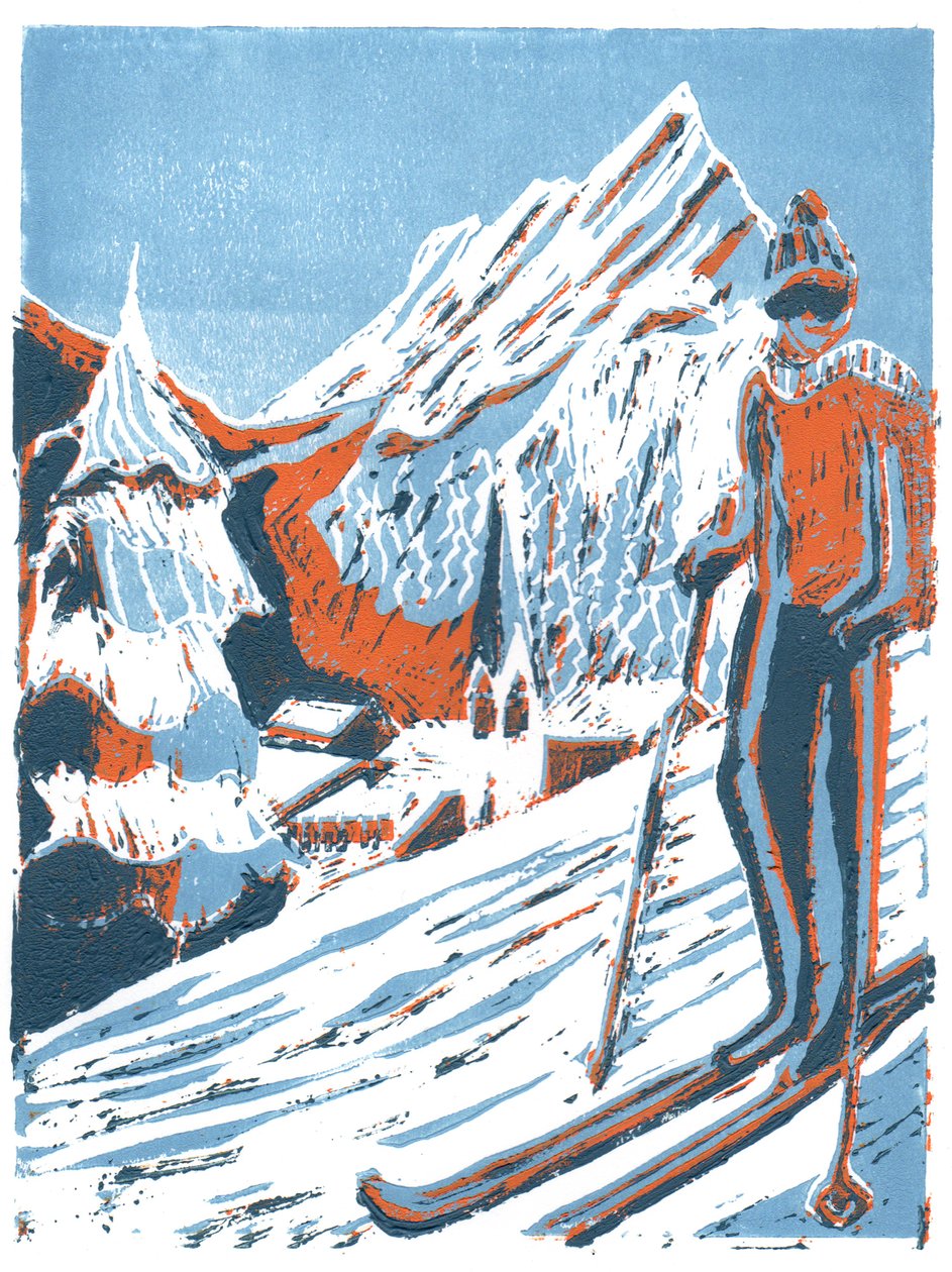 Ski, 2015, linoprintti tekijältä Charlotte Orr