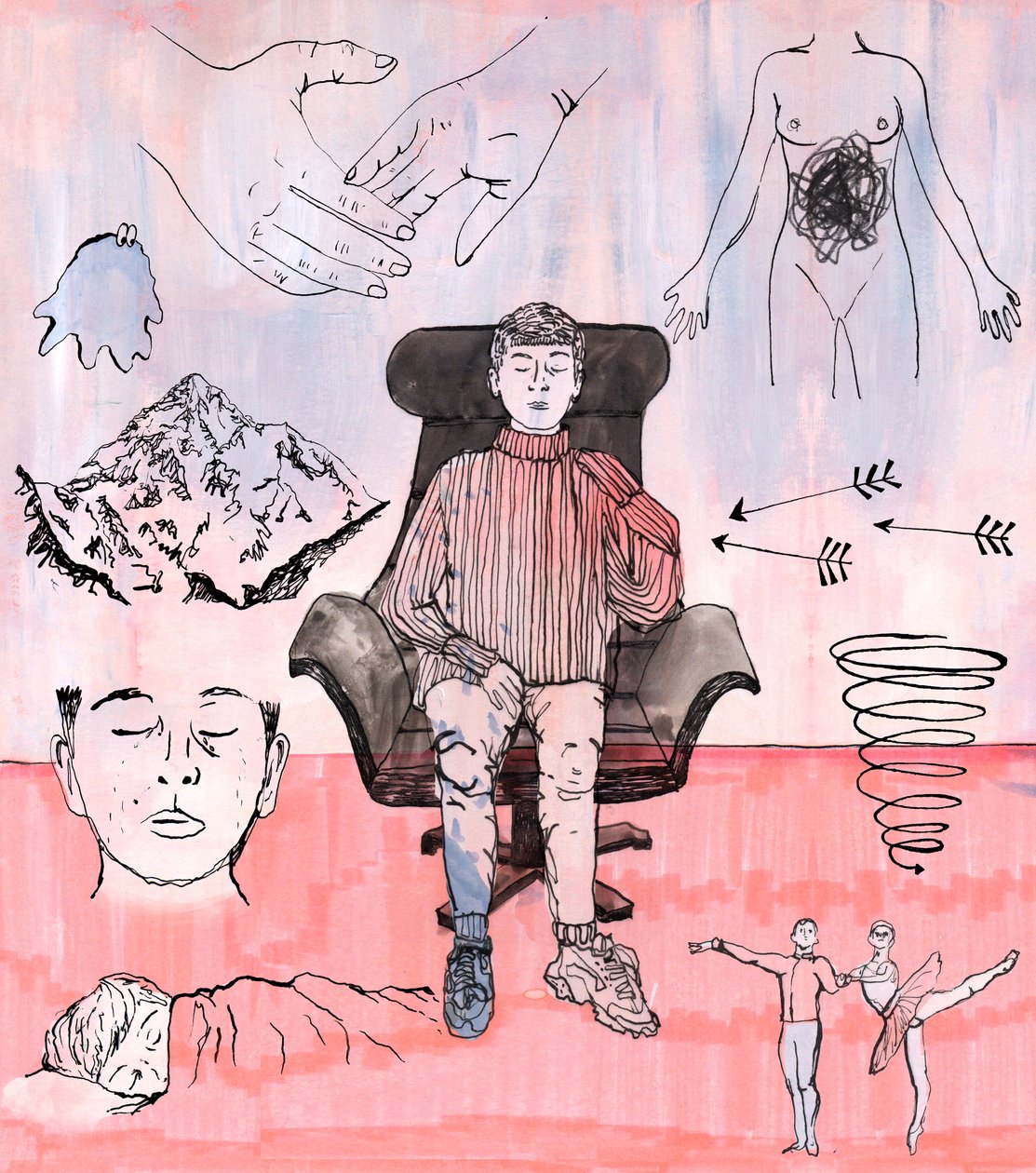 Therapy Illustration, 2018 (muste ja akryyli) tekijältä Charlotte Orr
