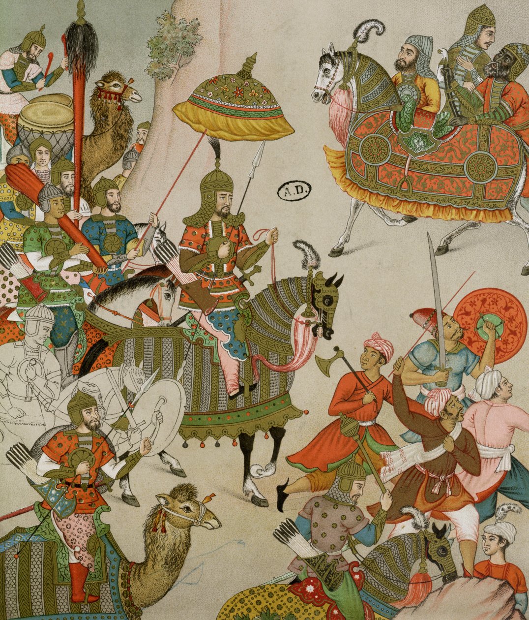 Keisari Babur (r.1526-30) armeijansa johdossa 1500-luvun Mughal-miniatyyrin jälkeen tekijältä Charpentier