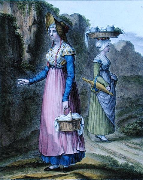 Talonpoikatytöt Lyonin alueelta, levy 2 sarjasta "Suite de Costumes", n. 1845 (väri litho) tekijältä Charpentier