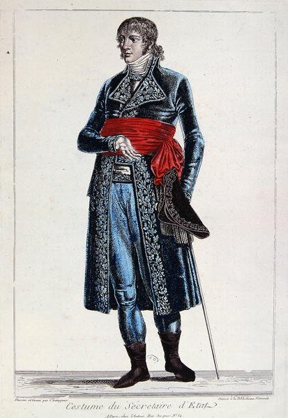 Valtiosihteerin puku Ranskan ensimmäisen tasavallan konsulaatin aikana (1799-1804), n. 1800 (värinen kaiverrus) tekijältä Chataignier Chataignier