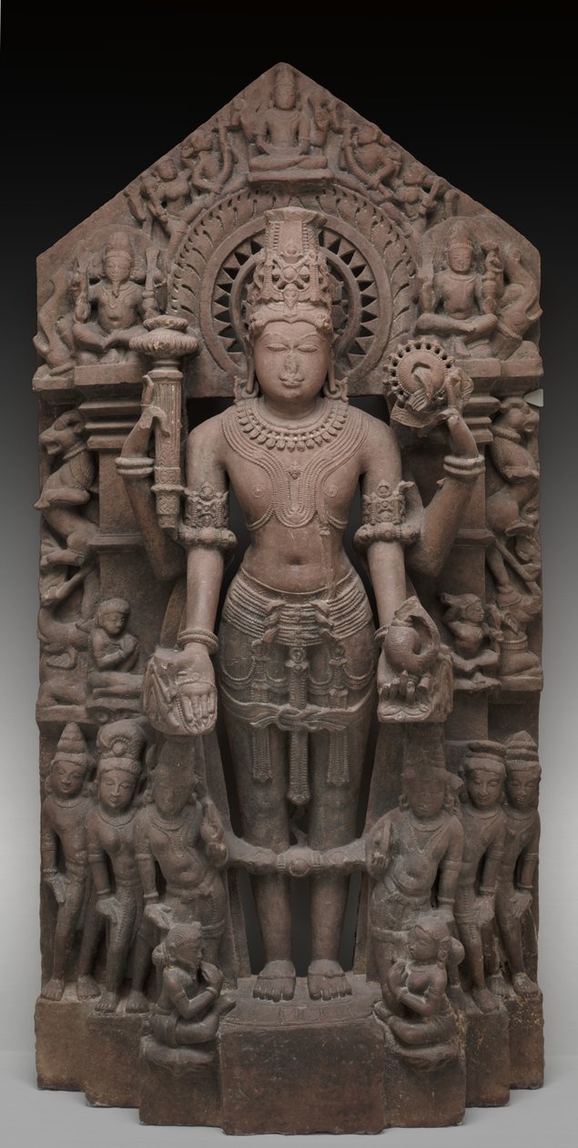 Vishnu ja palvelijat, noin 1026 jKr (hiekkakivi) tekijältä Chaulukya dynasty (c.940 1244) Indian school