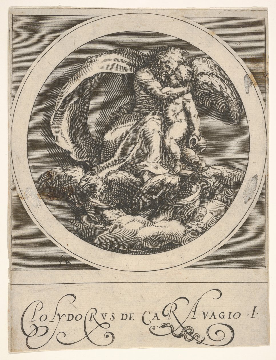 Jupiter, istuu kahden kotkan yläpuolella ja syleilee Cupidoa, pyöreä sävellys sarjasta..., n. 1590. tekijältä Cherubino Alberti