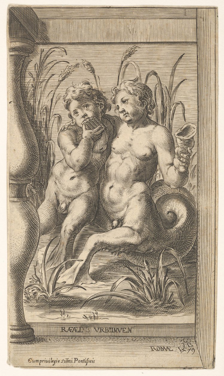 Kaksi tritonia halaamassa, toinen soittaa pannupilliä, toisessa kädessään kotilo, joka on asetettu ..., 1579. tekijältä Cherubino Alberti