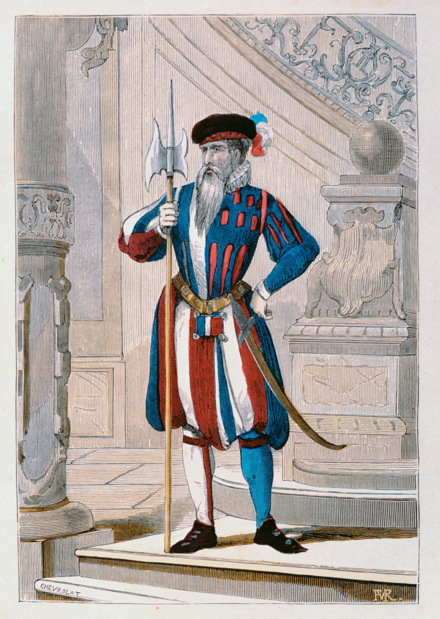 Sveitsin kuninkaan kaarti vuodelta 1586, kuvitus Augustin Challamelin teoksesta Costumes Civils et Militaires Francais a travers les siecles, 1881 tekijältä Chevrolat