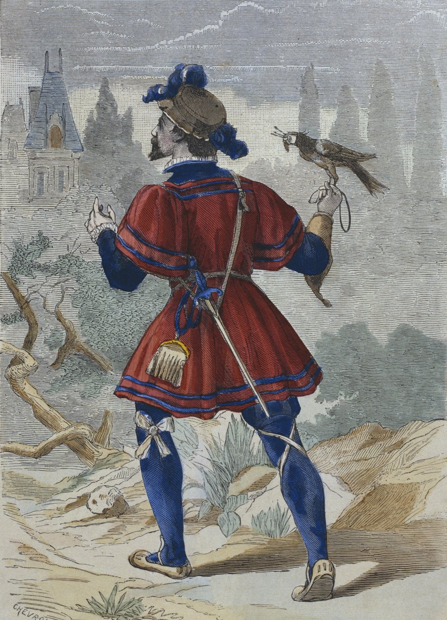 Haukkametsästäjä François Ierin taloudessa 1500-luvulla, kuvitus H. Gourdon de Genouillacin teoksesta Costumes de Paris a travers les siecles (värikaiverrus) tekijältä Chevrolat