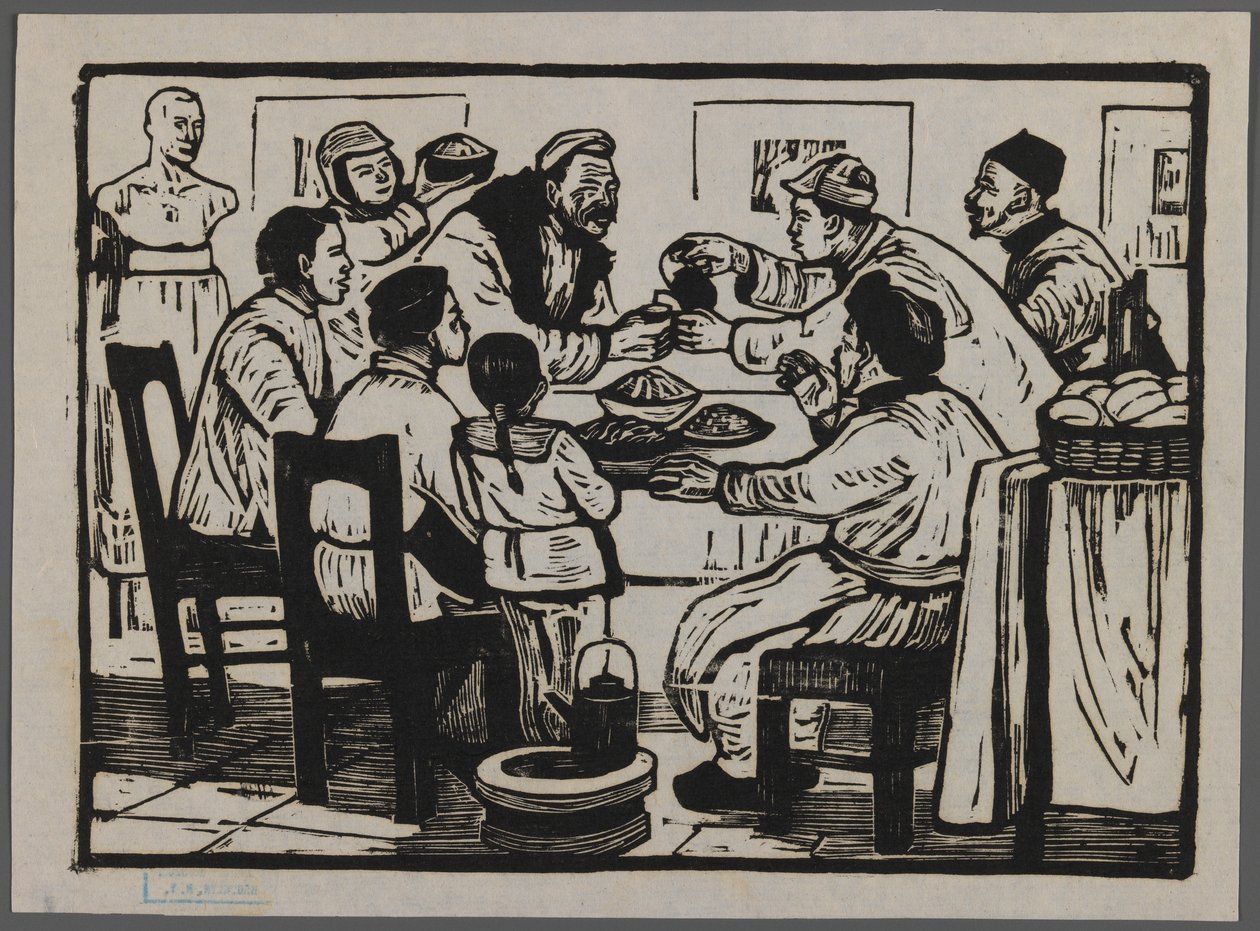 Juodaan drinkki uudenvuodenaattona, n.1945 (puupiirros) tekijältä Chi Kwei Sung
