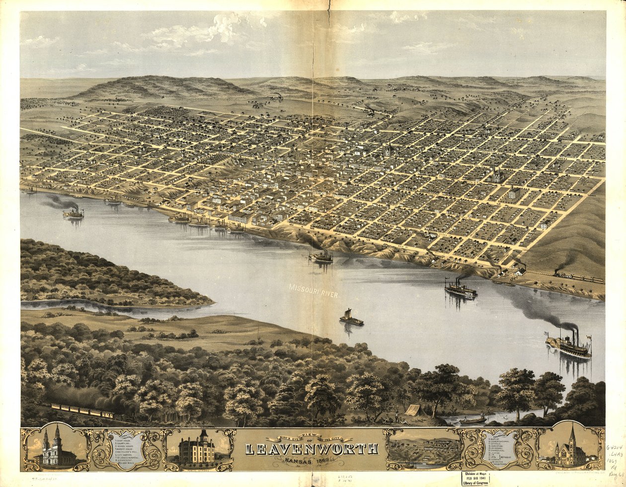 Lintuperspektiivistä Leavenworthin kaupunkiin Kansasissa 1869 tekijältä Chicago Lithographing Co.