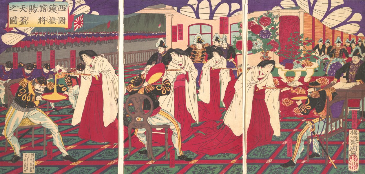 Kuva komentajista, jotka rauhoittivat Länsi-Japania, vastaanottamassa keisarin G..., heinäkuu 1877. tekijältä Chikanobu Yoshu