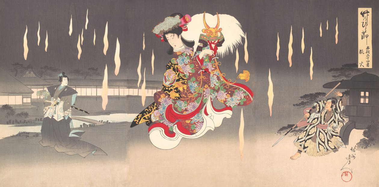 Kohtaus Foxfire Kitsunebi näytelmästä Honcho nijushiko, 1898, 1898. tekijältä Chikanobu Yoshu