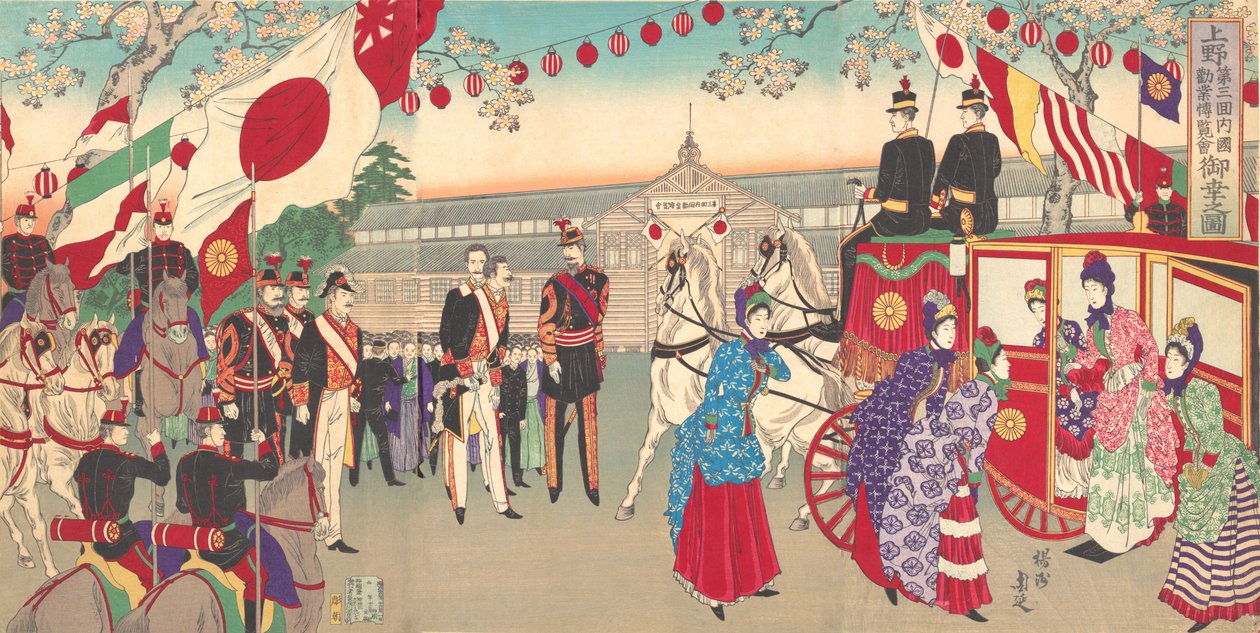Keisarinnan vierailu kolmanteen kansalliseen teollisuuden myynninedistämisnäyttelyyn Ueno Parkissa ..., 1889. tekijältä Chikanobu Yoshu