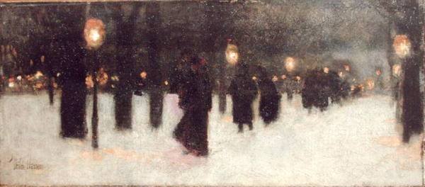Across the Common talvi-iltana, n. 1885-1886 (öljy paneelille) tekijältä Childe Frederick Hassam