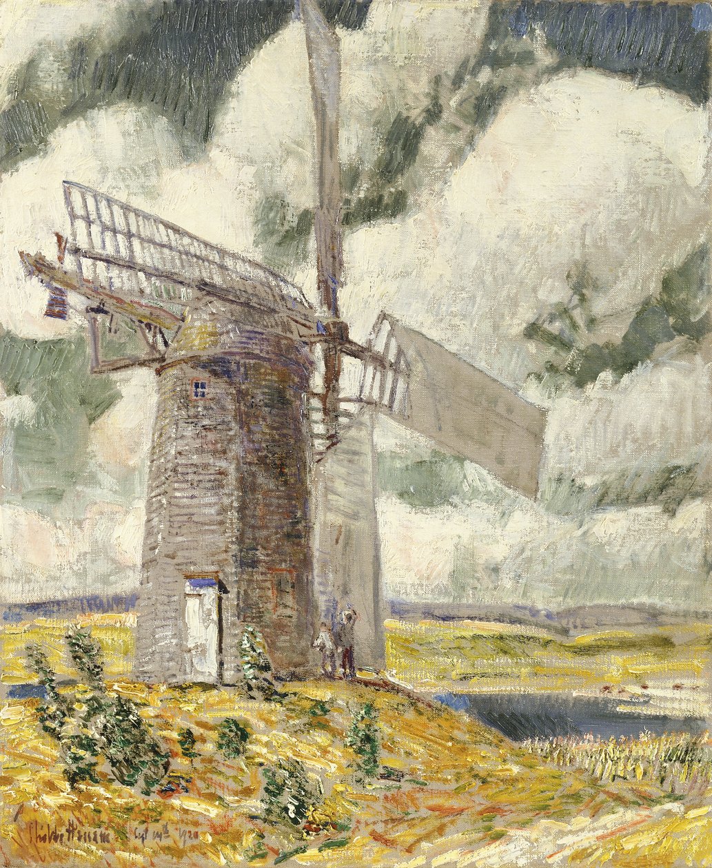 Purjeen taivutus vanhalla myllyllä tekijältä Childe Frederick Hassam