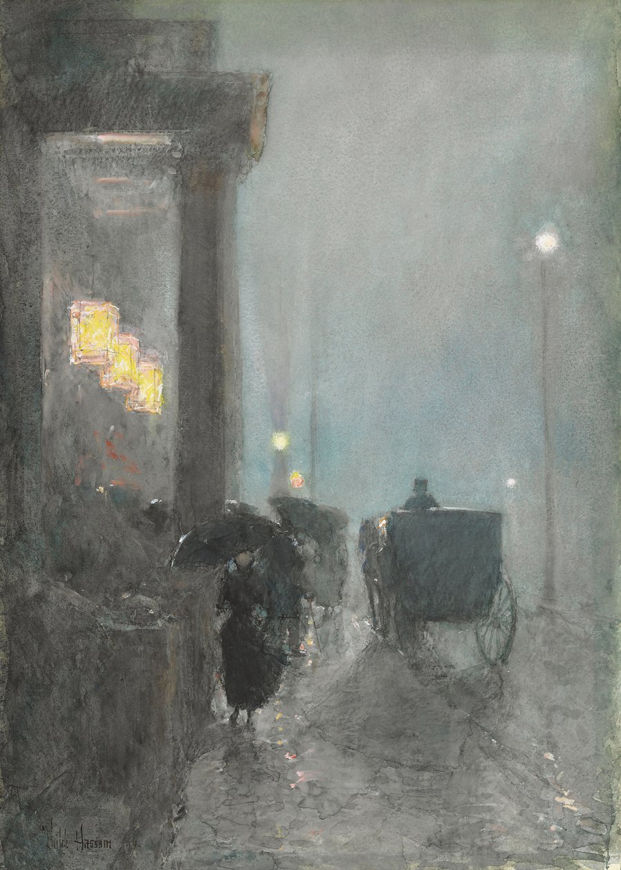 Fifth Avenue, Ilta, n. 1890-1893 (akvarelli, guassi ja pastelli paperille) tekijältä Childe Frederick Hassam