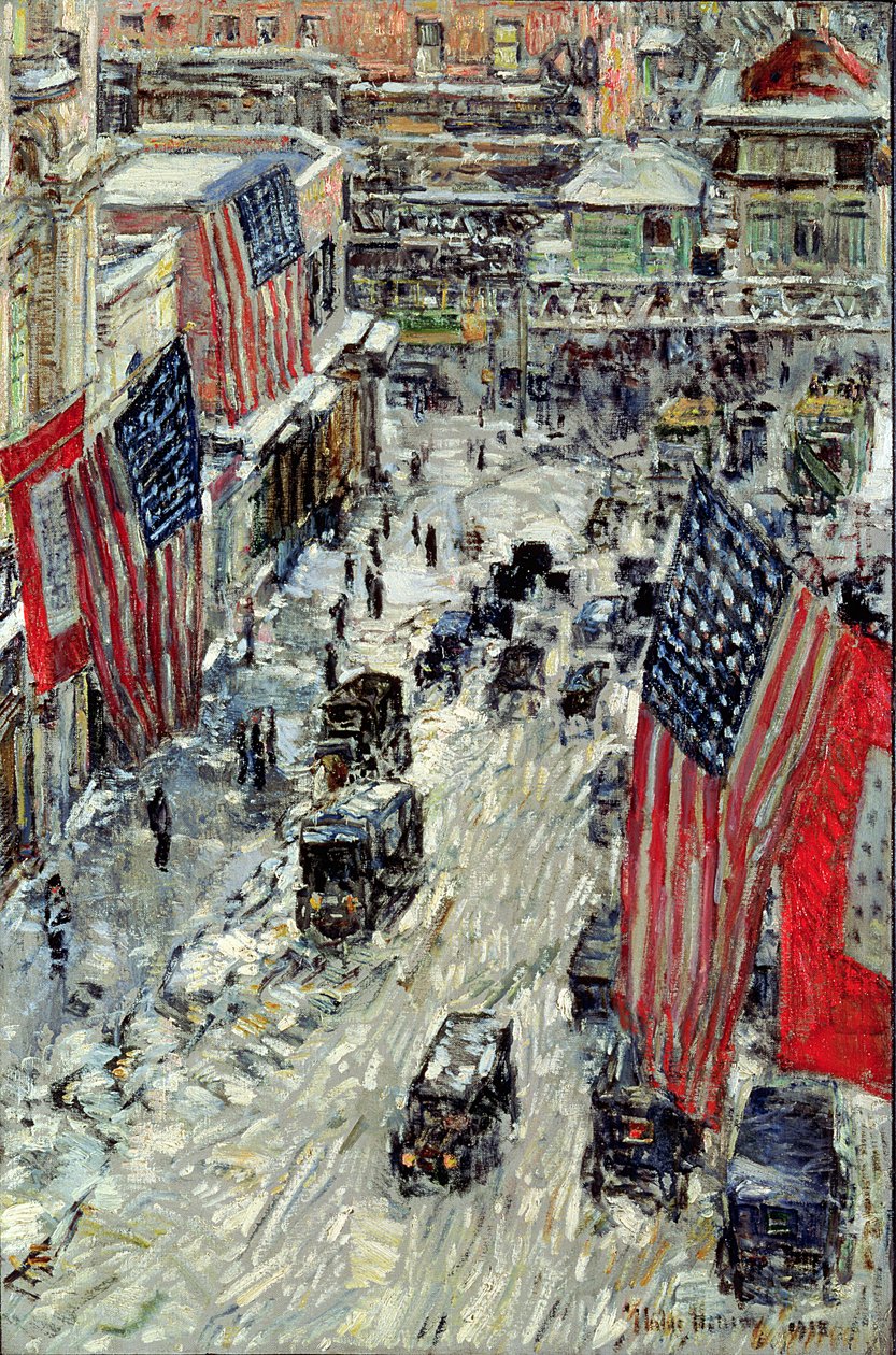Liput 57th Streetillä, talvi 1918 (öljy pellavalle) tekijältä Childe Frederick Hassam