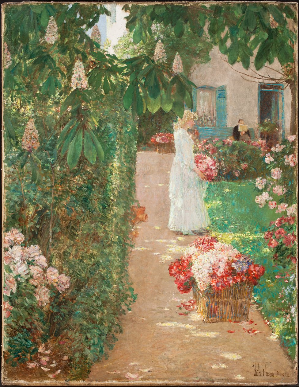 Kukkien kerääminen ranskalaisessa puutarhassa (öljy kankaalle) tekijältä Childe Frederick Hassam