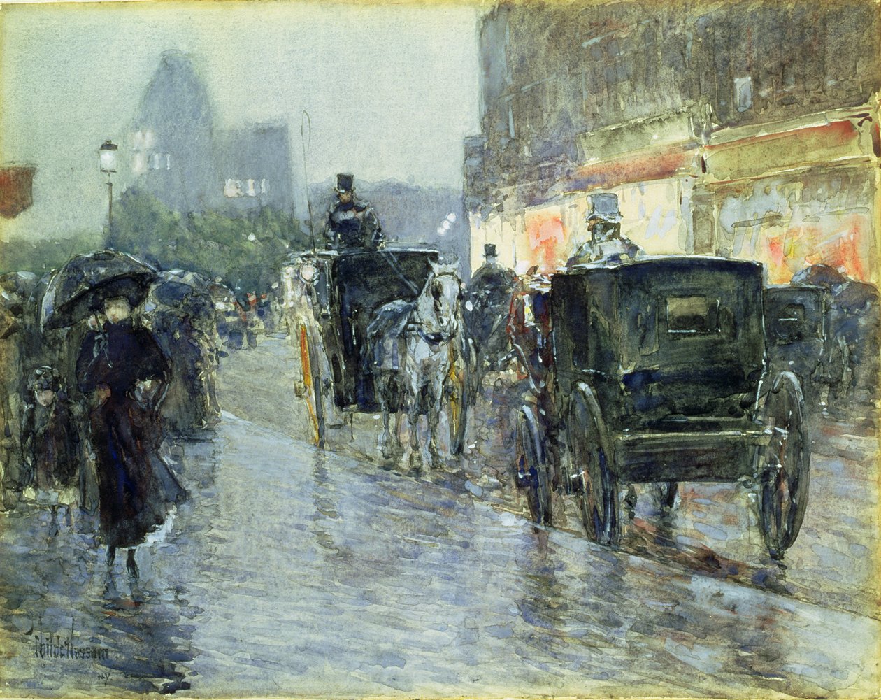 Horse Drawn Cabs at Evening, New York, n. 1890 (akvarelli ja guassi paperille) tekijältä Childe Frederick Hassam