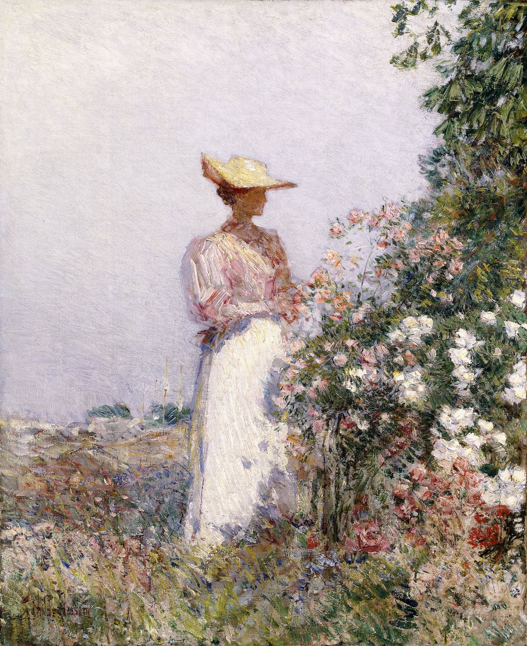 Nainen kukkapuutarhassa tekijältä Childe Frederick Hassam