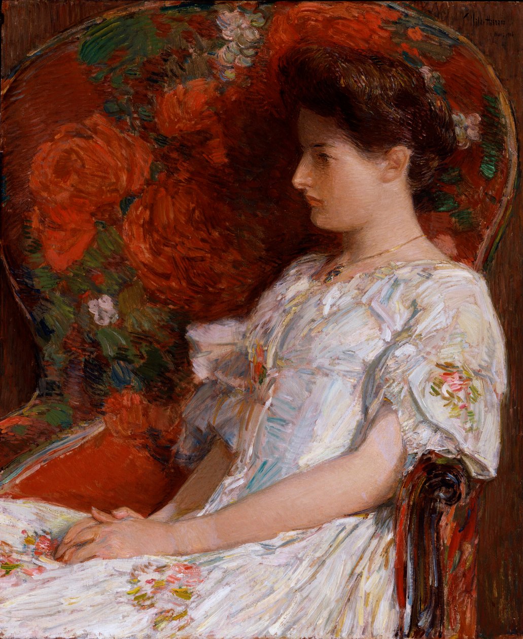 ""The Victorian Chair"" (The Victorian Chair) Childe Hassamin (1859-1935) maalaus, koko 76,2x63,5 cm Öljy kankaalle 1906 Smithsonian National Museum tekijältä Childe Frederick Hassam