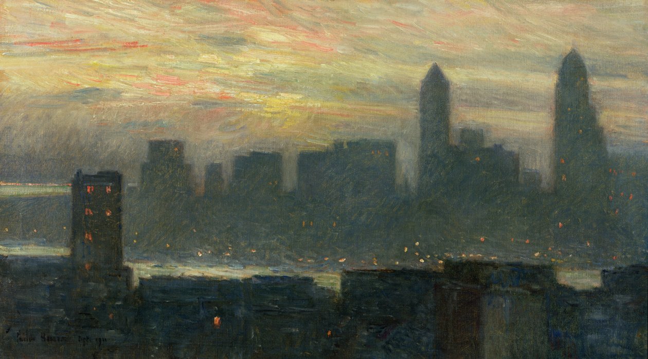 Manhattanin sumuinen auringonlasku tekijältä Childe Frederick Hassam