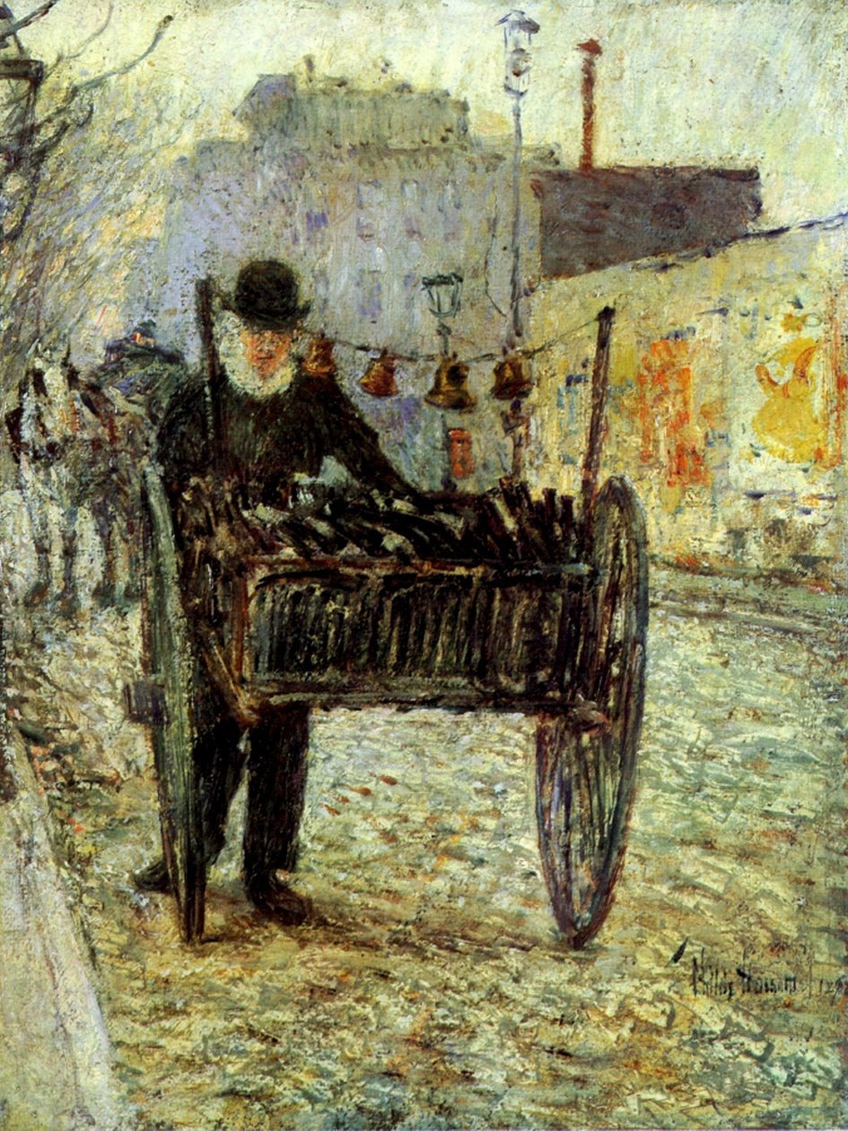 Vanha mies kantaa pulloja tekijältä Childe Frederick Hassam