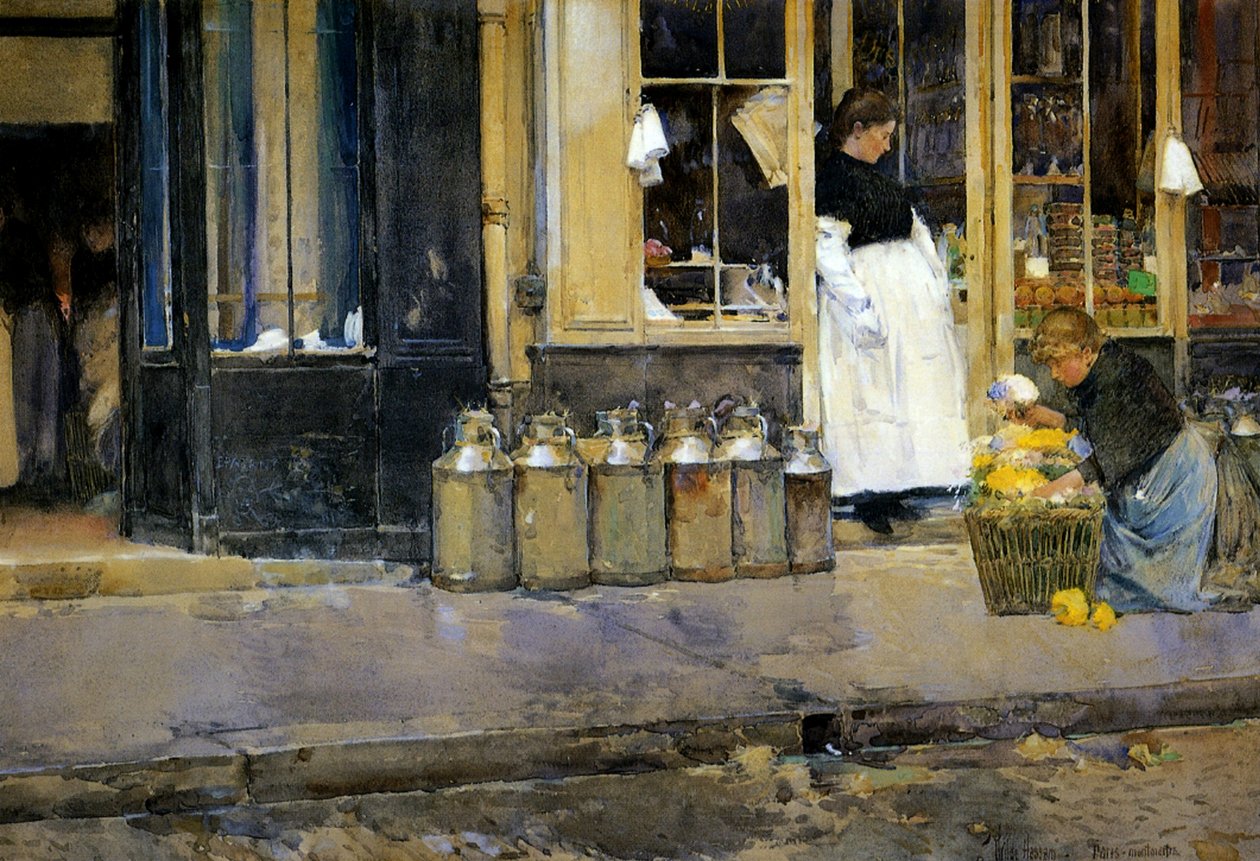 The Milk Churns, n. 1888 (akvarelli paperille) tekijältä Childe Frederick Hassam