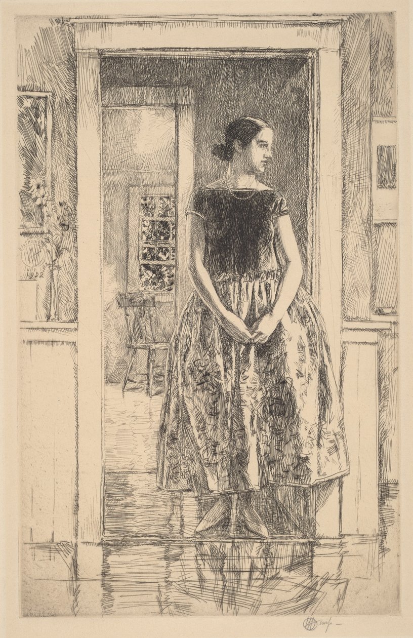Tyttö modernissa iltapuvussa tekijältä Childe Hassam
