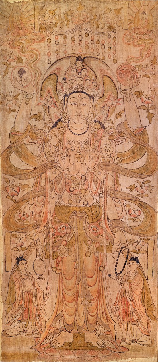 Avalokiteshvara yhdeksän pään ja kuuden käden kanssa, Dunhuangista, Gansun maakunnasta, Tang-dynastiasta (618-907) (kynä ja muste kankaalle) tekijältä Chinese School