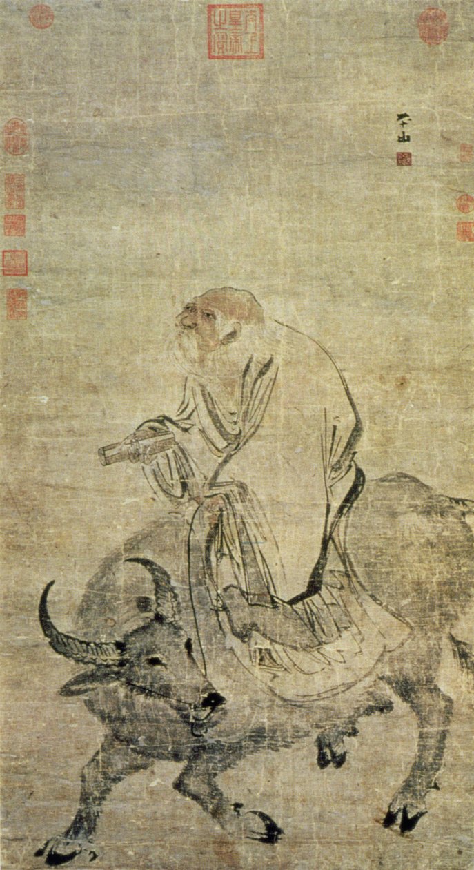 Lao-tzu (n. 604-531 eKr.) härkällään ratsastamassa, kiinalainen, Ming-dynastia (1368-1644) (muste ja wc silkillä) tekijältä Chinese School