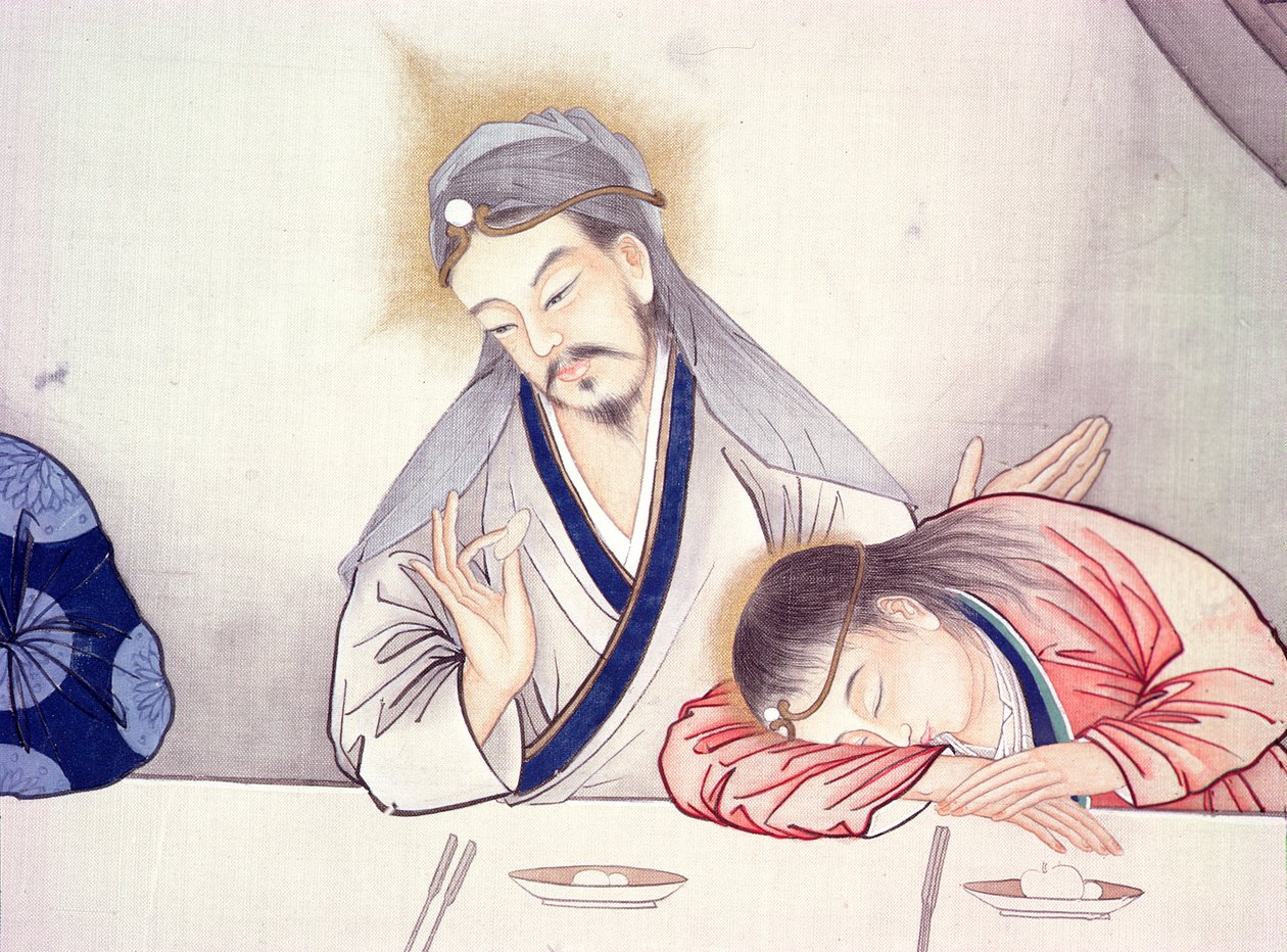 Viimeinen ehtoollinen, Kristus ja Johannes (231479:n yksityiskohta) tekijältä Chinese School
