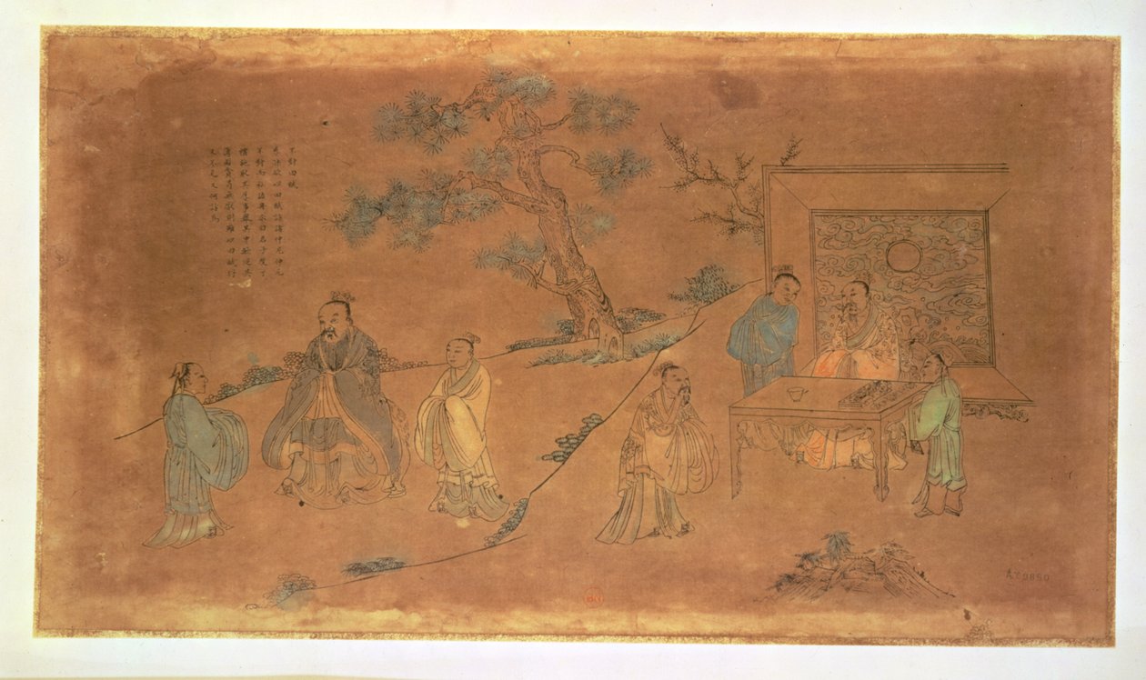 Kohtaus Kungfutsen (n. 551-479 eKr.) ja hänen opetuslastensa, Qing-dynastian (1644-1912) elämästä (muste, wc ja seepiapesu paperille) tekijältä Chinese School