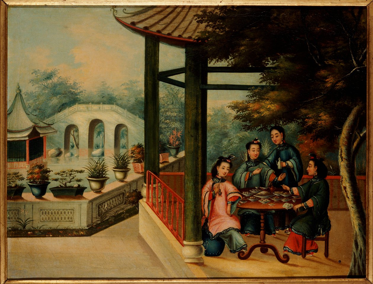 Kiinalainen puutarhakohtaus, jossa naiset juovat teetä, 1800-luvun puoliväli tekijältä Chinese School