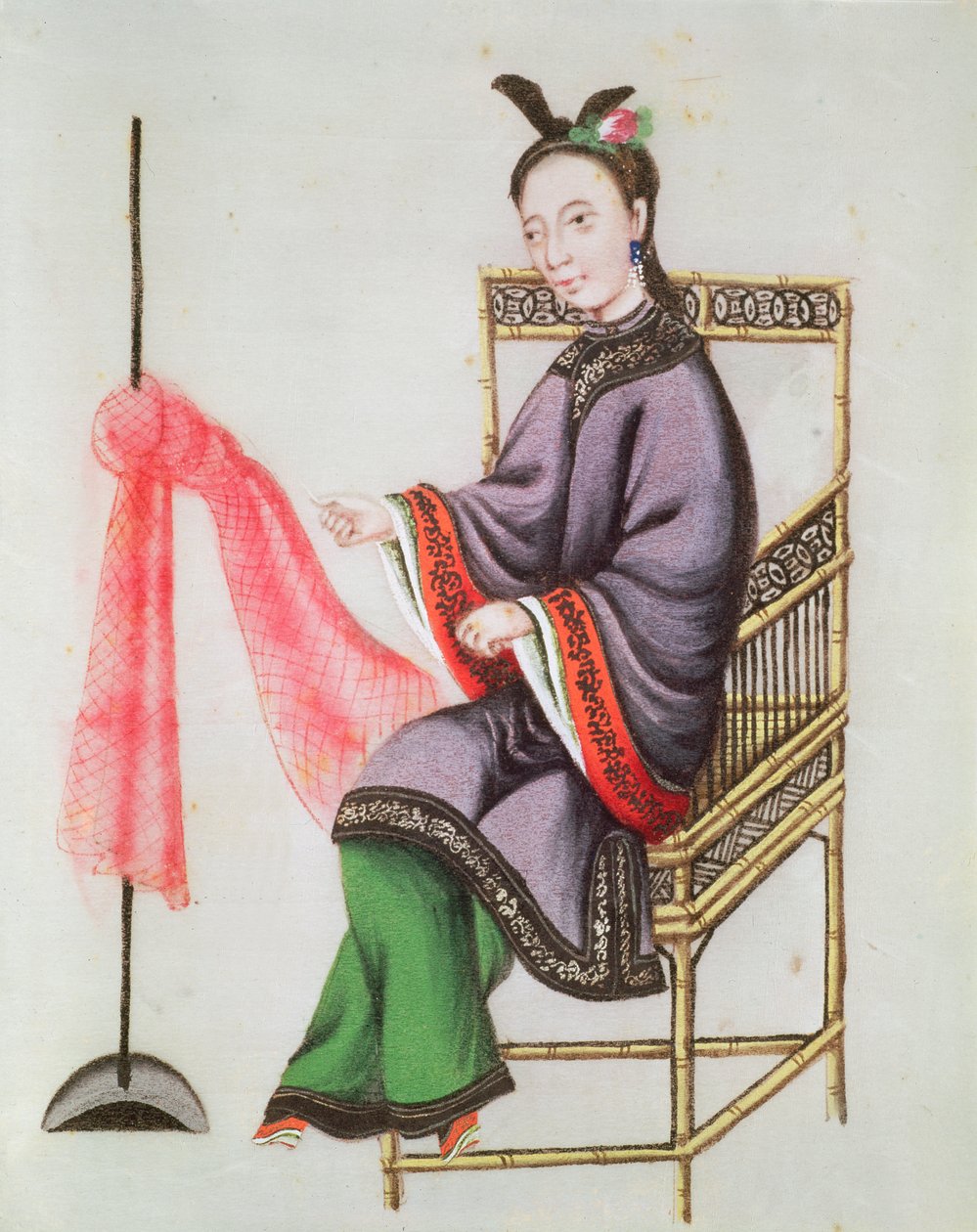 Kiinalainen nainen, joka tekee kalaverkkoa, Qianlong-kausi (1736-96) (guassi paperilla) tekijältä Chinese School