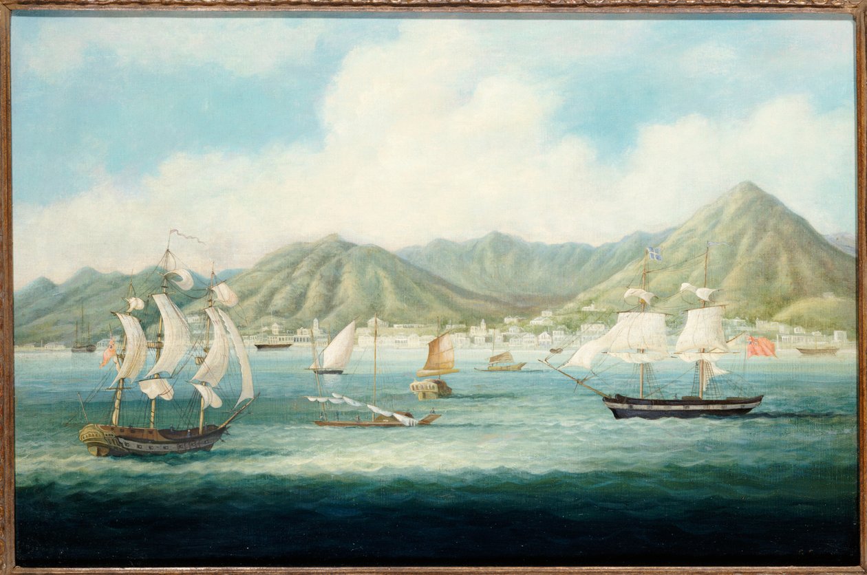 Näkymä Victoriasta, Hong Kongista brittiläisten laivojen ja muiden alusten kanssa, n. 1850 tekijältä Chinese School