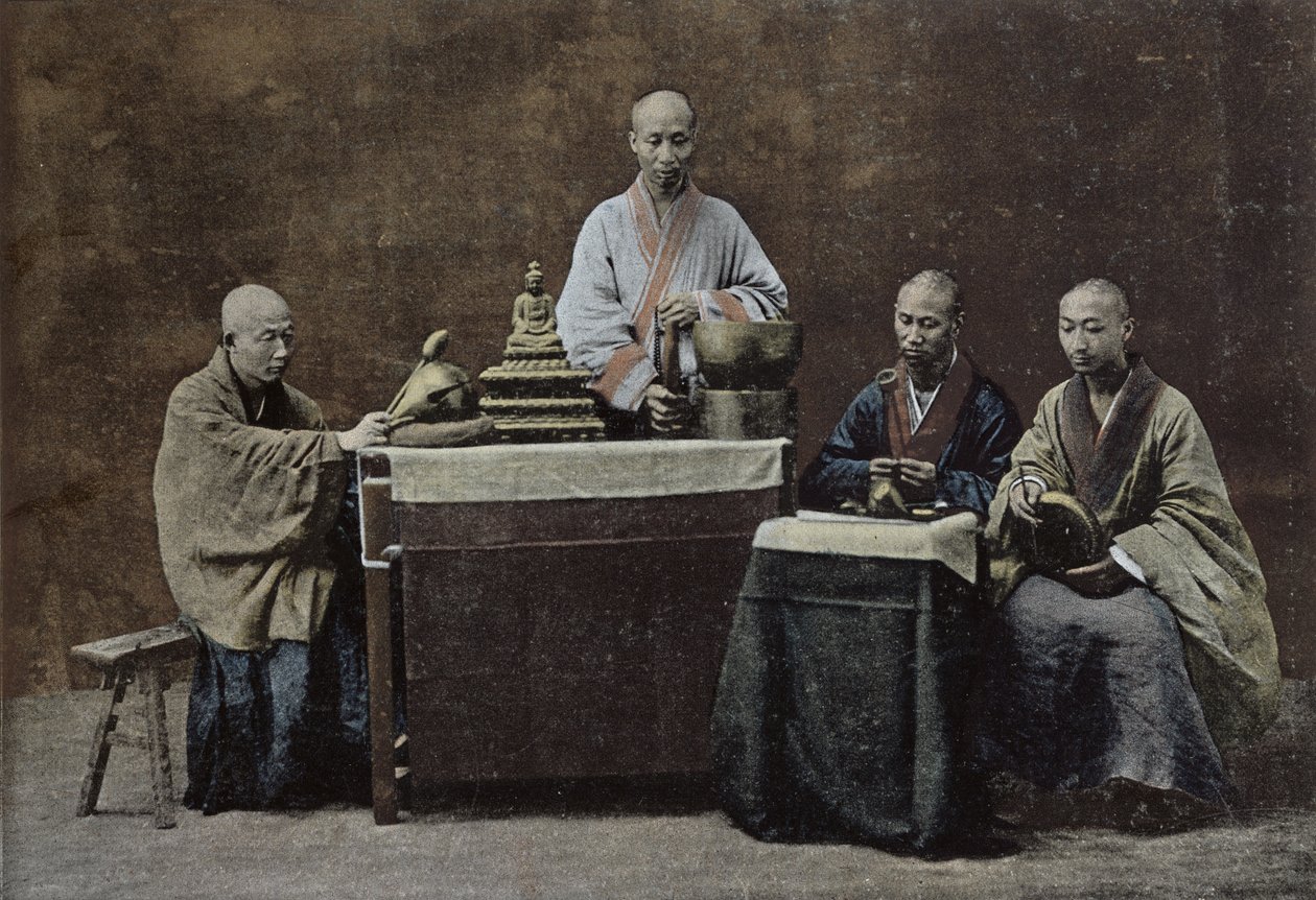 Ryhmä kiinalaisia bonzeja; kaiverrettu ja painanut Gilot; 1896, kiinalainen koulu, (1800-luku) tekijältä Chinese School