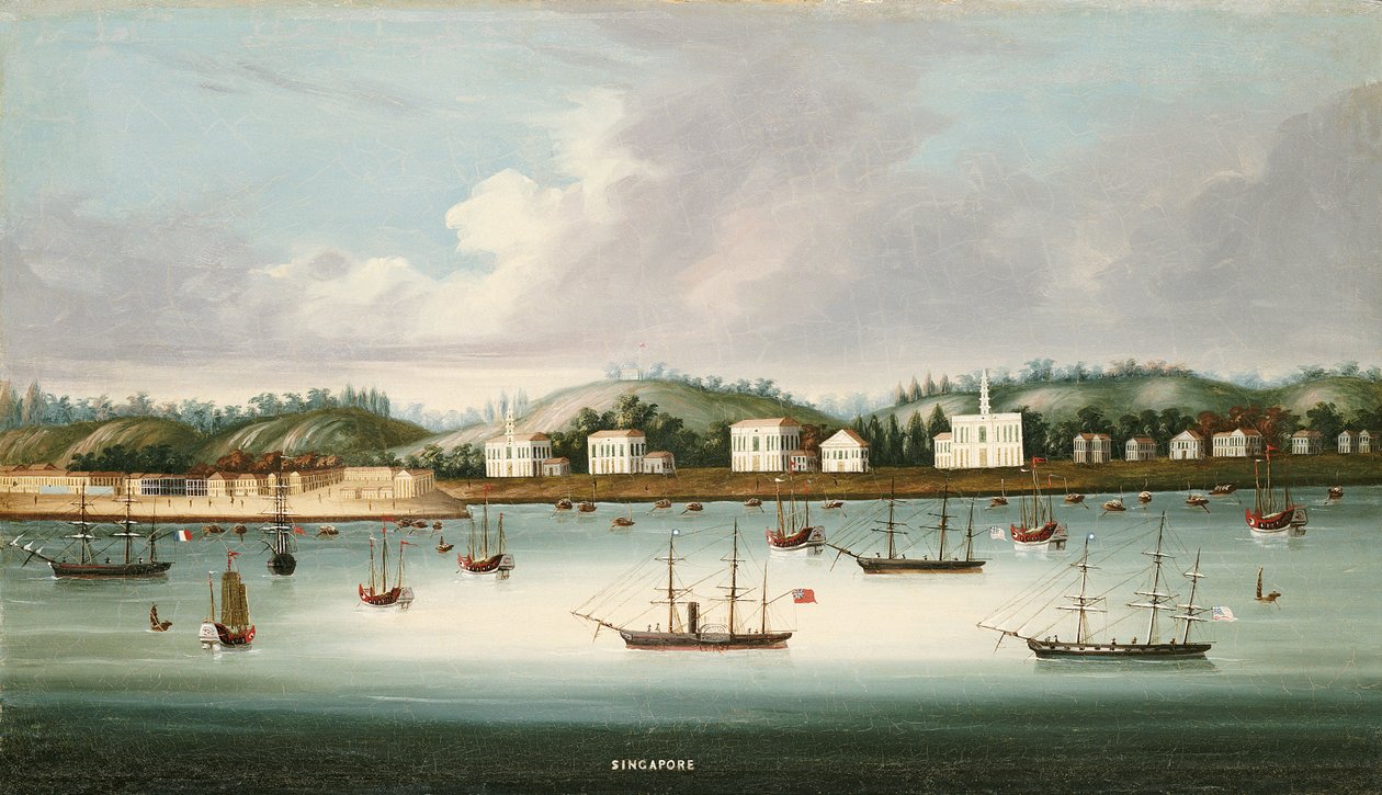 Näkymä Singaporesta teiltä amerikkalaisten, ranskalaisten ja brittiläisten laivojen kanssa, n. 1850 tekijältä Chinese School